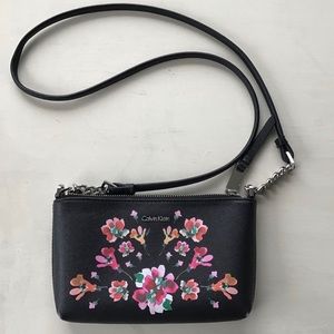 Calvin Klein cute black leather floral crossbody